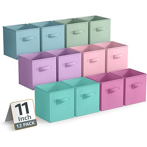 Sorbus 11 Inch Storage Bins - Sturdy Collapsible Fabric Storage Cubes with Handle - 12 Foldable Baskets for Organizing Clothes, Toys, Books - Storage Baskets for Shelves, Closets