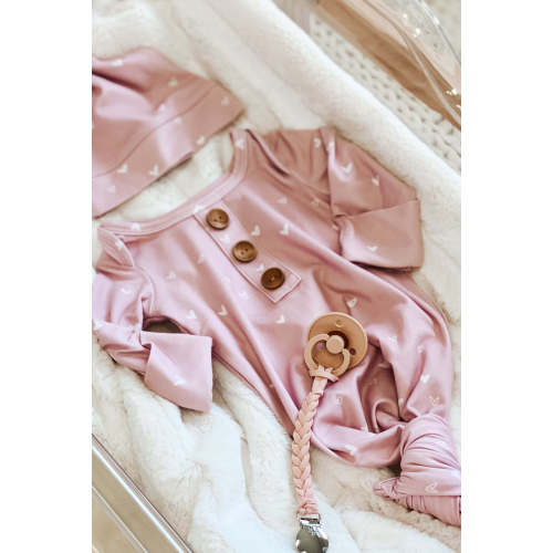 Tiny Hearts in Dusty Pink Newborn Baby Knot Gown & Hat Set