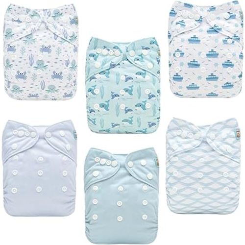 Baby Cloth Diapers 6 Pack with 12 Inserts Cloth Diaper Covers Adjustable Washable Reusable for Baby Girls and Boys 6DM136A