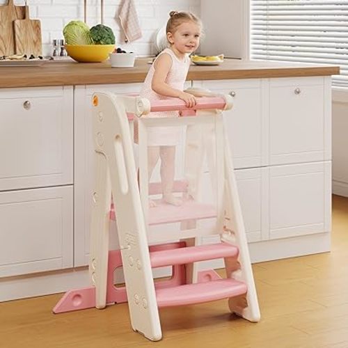 Onasti Folding Toddler Kitchen Tower, Kids Kitchen Step Stool for Learning with Movable Safety Rail, Non-Slip Surface, Easy Assembly for Parents & Grandparents-Pink