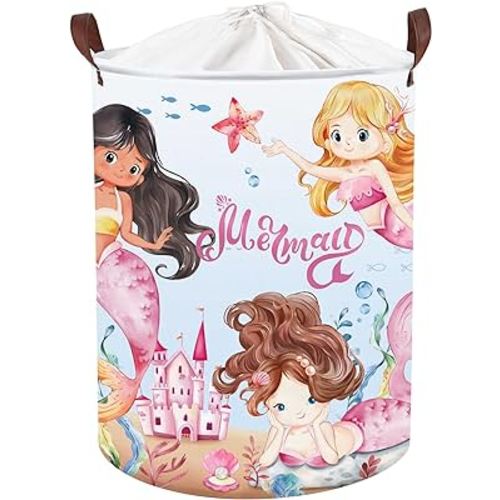 Clastyle 45L Dreamy Pink Mermaid Princess Laundry Hamper Undersea Castle Blue Laundry Basket for Girls Room Round Toy Clothes Storage Basket with Drawstring, 14.2x17.7 in
