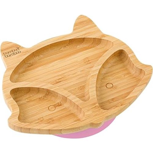 bamboo bamboo Baby and Toddler Plate for Feeding and Weaning, Bamboo Fox Plate with Secure Suction Cup for Babies from 6 Months (Fox, Pink)