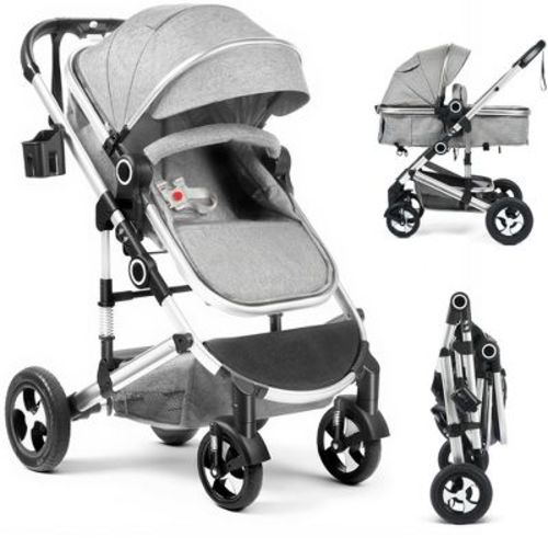 TODECARE 2-in-1 Convertible Baby Stroller with Reversible Seat, Adjustable Canopy and Storage, Light Gray