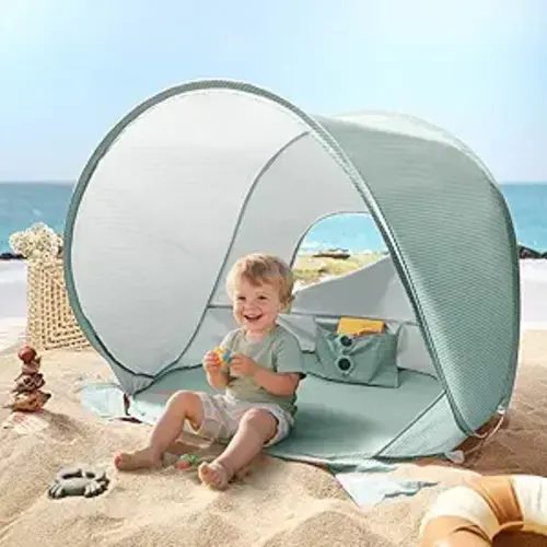Tiny Land Baby Beach Tent, Pop Up Baby Tent with UPF 50+ Sun Protection | Portable Baby Beach Essentials, 35.4"x27.6"x31.5" Sun Shelter for Infants, Baby Outdoor Use, Pastel Aqua