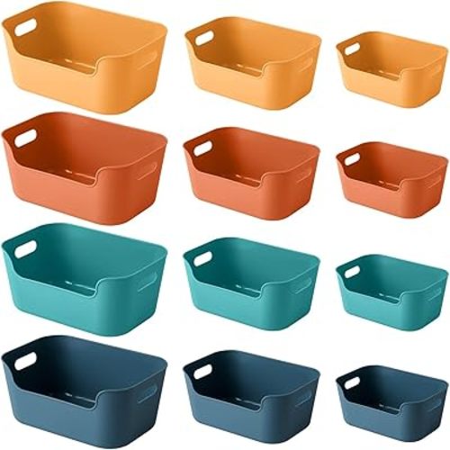 OWill 12-Pack Mixed Plastic Storage Bins and Baskets for Efficient Home Classroom Organization - Small Containers in Multiple Colors for Kitchen, Cupboard Box, Bathroom Organizer on Shelves and Tubs