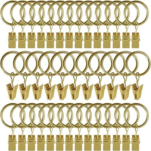 AMZSEVEN 44 Pack Metal Curtain Rings with Clips, Curtain Hangers Clips, Drapery Clips with Rings, Drapes Rings 1 in Interior Diameter, Fits Diameter 5/8 in Curtain Rod, Gold Color