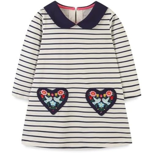 FreeLu Girls Cartoon Applique Dresses Striped Casual Dress Cotton Jersey Longsleeve T-Shirt