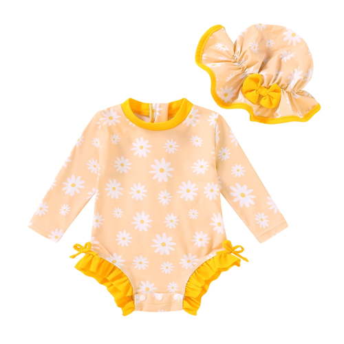 Tiny Cutey Toddler Girl Swimsuit Baby Long Sleeve One-Piece Rash Guard Bathing Suit with Hat for 0-3 Months