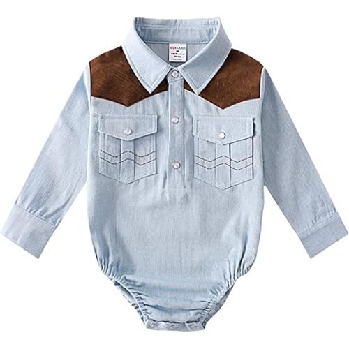 COSLAND Baby Boys' Western Long Sleeve Bodysuit, Infant Cowboy Romper, 0-18 Months