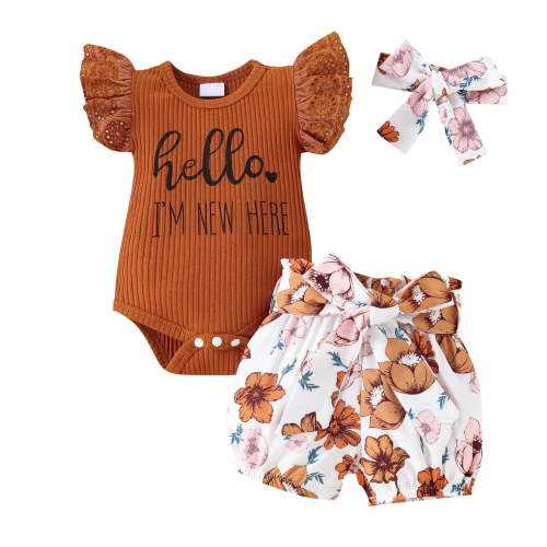 Utlike Toddler Girls Outfits Summer Short Sleeve Floral Prints Tops Romper And Shorts 3Pcs Outfits Clothing Set For Children Size 3 Months-6 Months