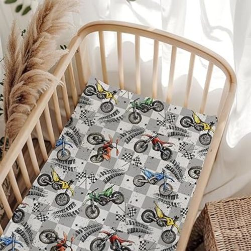 Vintage Motor Bike Checkered Fitted Crib Sheet for Baby Girls Boys 52x28Inch Motorcycle Race Flag Stars Baby Sheet for Standard Crib and Toddler Mattress Racing Vehicles Bed Sheets