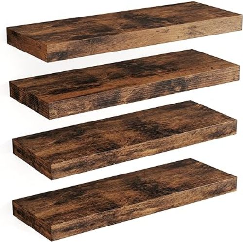 Fixwal Floating Shelves 15.8in Rustic Wood Finish with Invisible Brackets, Set of 4, Rustic Brown