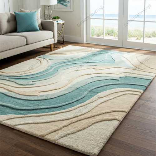 Tranquil Tides Coastal Wave Design • Living Room, Bedroom & Beach House Area Rug • 100% Wool