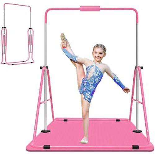 Gymnastics Bar for Kids, Adjustable Height Gymnastic Horizontal Bars with Mat, Folding Gymnastic Training Monkey Bars, Junior Expandable Training Kip Bar for Home