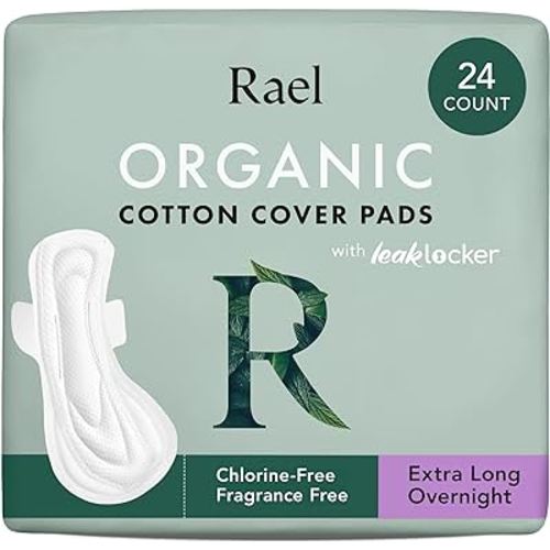 Rael Pads for Women, Organic Cotton Cover - Period Pads with Wings, Feminine Care, Sanitary Napkins, Heavy Absorbency, Unscented, Ultra Thin (Extra Long Overnight, 24 Count)