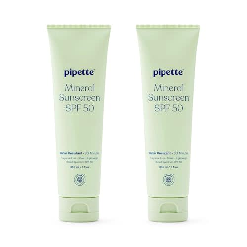 Pipette Fragrance Free Mineral Sunscreen SPF 50 Lotion, 3 Oz (Pack of 2) | Water-Resistant 80 Minutes - 100% Non-Nano Zinc Oxide - Lightweight & Blendable