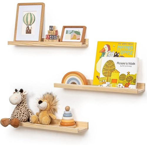 Picture Ledge Shelf for Wall, 24 inches Solid Pine Wood Nursery Book Shelves 3 Packs, Floating Ledge Shelves for Kids' Room Bedroom Bathroom Living Room Photo Frames Office Nursey Wall Decor, Natural