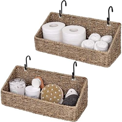 StorageWorks Woven Wall Baskets for Storage, Seagrass Baskets for Shelf, Wall Storage for Kitchen and Bathroom, Hanging Baskets for Organizing, 2 Pack