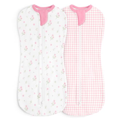 Baby Swaddle 0-2 Months, Cotton Arm-In Zipper Sleep Sack, Wearable Blankets Wrap for Newborn Infant Girls (Floral, Checkered, Pack of 2)
