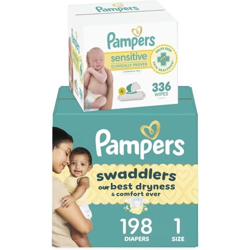 Pampers Swaddlers Disposable Baby Diapers Size 1, 198 Count with Sensitive Water Based Baby Wipes 4X Pop-Top Packs (336 Count)