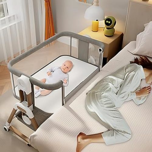 WinkleStar Baby Bassinet Bedside Sleeper with Mattress, 6-Level Height Adjustable Co Sleeper Bassinet, Rocking Baby Crib with Mosquito Net, 360° Wheels & Storage Basket – Premium Linen & Metal Frame