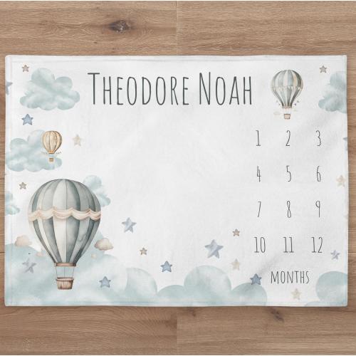 Hot Air Balloon Milestone Blanket Personalized Baby Boy Month Blanket Clouds Nursery Custom Age Newborn Tracker New Mom Baby Shower Gift