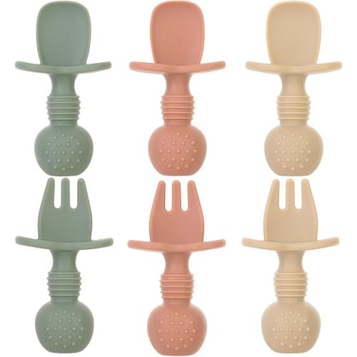 Baby Spoons and Forks Feeding Set, 6 Pack Silicone First Stage Self Feeding Toddler Utensils, BPA Free, Baby Led Weaning Supplies for Training Spoons
