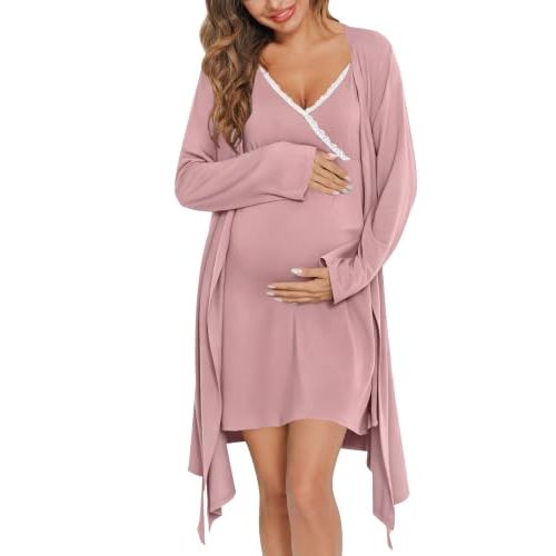 SWOMOG Womens Maternity Robe 2 Piece Nursing Nightgown for Breastfeeding 3 in 1 Labor Delivery Nursing Dress Lace Bathrobe