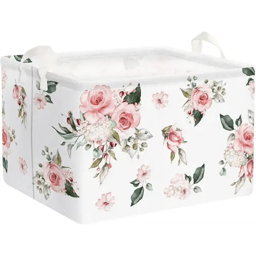 Clastyle Pink Floral Girl Gift Basket Empty Rectangle Flower Roses Storage Basket Baby Clothes Toy Books Shelf Basket, 21L