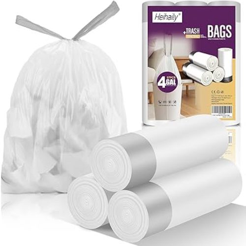 4 Gallon White Trash Bags Drawstring - 3-4 Gal Small Garbage Bags For Bathroom 57 Count 15 Liter Plastic Unscented Mini Size Waste Basket Liners Kitchen Office Car Strong Thick Bulk Heihaily