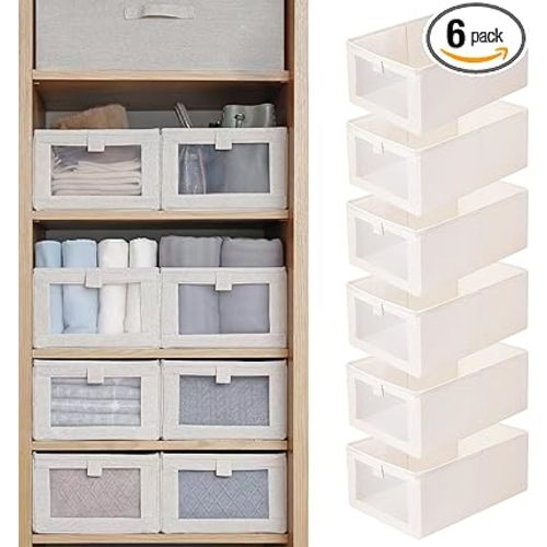 Linen Closet Organizers And Storage, 6 Pack Closet Storage Bins Linen Closet Baskets for Closet Organization Foldable Closet Organizer Bins with Clear Window For Organizing Clothing, Jeans, Shelves