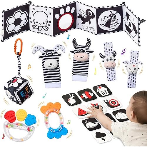 JoyCat Baby Toys 0-6 Months, 6-in-1 Newborn Sensory Toy Set with High Contrast Cards & Sensory Cloth, Wrist and Ankle Rattles, Baby Rattle, Hanging Cube and Teether, Baby Shower Gift for Boys Girls