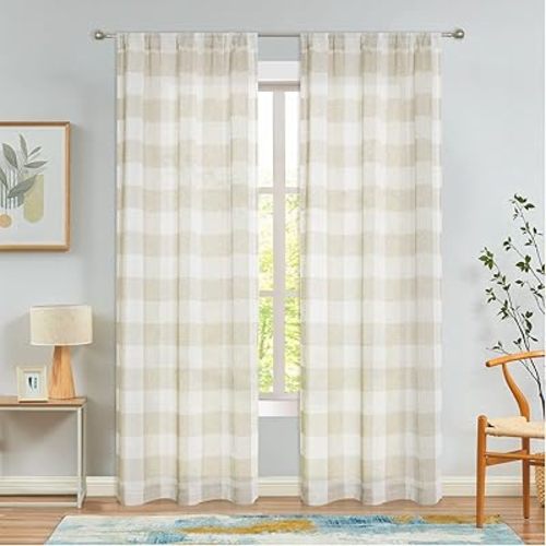 Amzdecor Tan Buffalo Plaid Curtains 84 Inch Long Textured Sheer Panels Buffalo Check Plaid Rod Pocket Rustic Window Treatment Sets for Living Room Bedroom Farmhouse,2 Panels,40'x84'',Tan/Beige