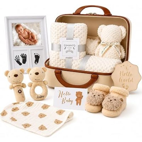 Ensemble de cadeaux pour bébé, cadeaux de fête prénatale pour nouveau-né fille et bébé garçon, ensemble cadeaux pour bébé, ensemble essentiel pour nouveau-né avec couverture pour bébé, couverture d'ours, bavoirs, souvenir de bébé et chaussettes, 2 hochets