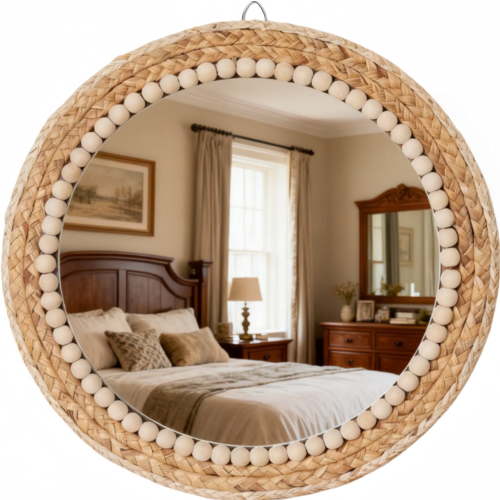 MEHOOM 17" Round Boho Wall Mirror, Rattan Hanging Mirror for Bedroom, Living Room, Farmhouse Decor