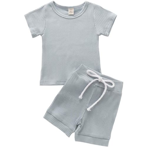 Toddler Baby Boys Girls Clothes Organic Ribbed Sweatsuit and Long Pants 2Pcs Casual Set Solid Color Outfit - 12-18 Months - Blue a