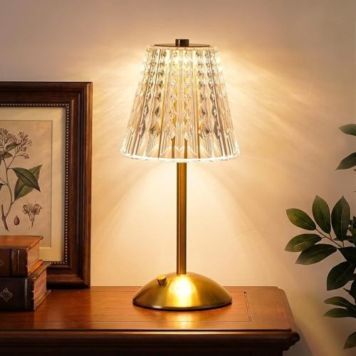 Nusogon Cordless Touch Table Lamp, Classic Edition Rechargeable Small Desk Lamp, 3 Color Dimmable Crystal Lamp for Bedroom, Restaurant, Kitchen & Home Decor, Gold