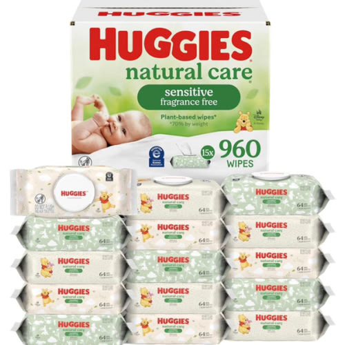 Huggies Natural Care Sensitive Baby Wipes, Unscented, Hypoallergenic, 99% Purified Water, 15 Flip-Top Packs (960 Wipes Total)