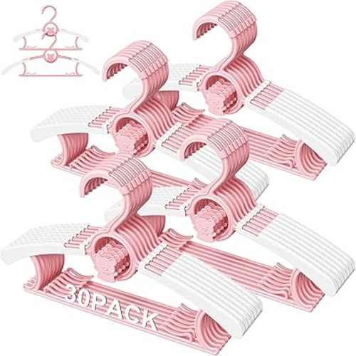 Eunhdet 30 Pack Kids Hangers for Nursery Closet, Adjustable Non-Slip Toddler Baby Hangers with Windproof Buckle, 11-14" Infant Child Plastic Clothes Pant Hanger for Boys Girls Newborn Adult, Pink