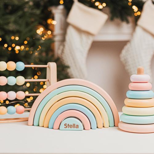Baby Girl Nursery Decor - Pastel Pink Rainbow - Wooden Rainbow Toy - Boho Rainbow Decor - Montessori Toys -Wooden Ring Stacker