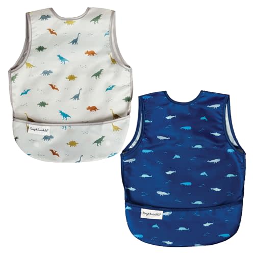 Tiny Twinkle Mess Proof Baby Bibs | 2 Pack Waterproof Toddler Bib for Eating | Baby Apron for Feeding, Machine Washable, Perfect Shower Gift (Dinosaur,Ocean Life, 6–24M)