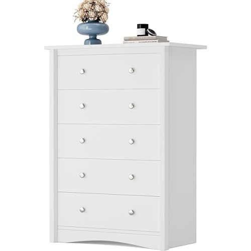 YESHOMY Tall Dresser for Bedroom with 5 Drawers, Modern Chest of Drawers, Wooden Dressers, TV Stand for Living Room,Closet, Hallway (White)