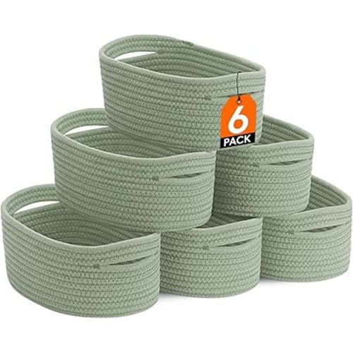 Lifewit 6 Pack Woven Baskets for Storage, Cotton Rope Baskets Cube Storage Bins, Cute Small Shelf Baskets for Organizing, Round Storage Box Caddy for Closet, Living Room, Bedroom, Playroom, Green