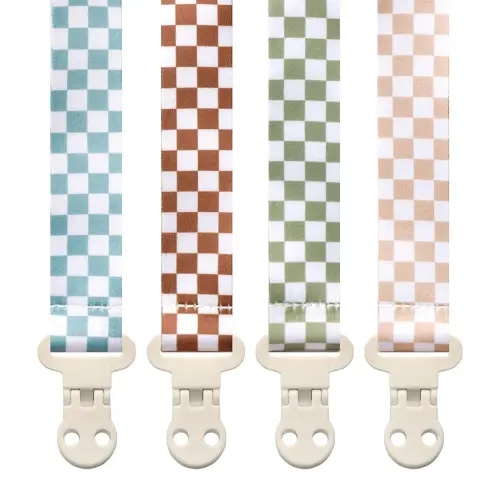 Baby Pacifier Clip Holder - Girl or Boy Unisex 4 Pack Gift Set – Neutral Modern Retro Checker Green Blue Brown Beige