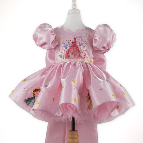 Pink Satin Princess Dress, Fairytale Birthday Party Gown, Puffy Sleeves, Bow Detail