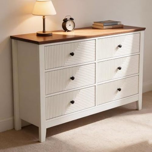 White 6 Drawer Dresser for Bedroom, 47 Inch Wide Diagonal Grain Grooved Wooden, Brown Panel, Modern TV Stand Storage Cabinet, Suitable for Foyer and Aisle