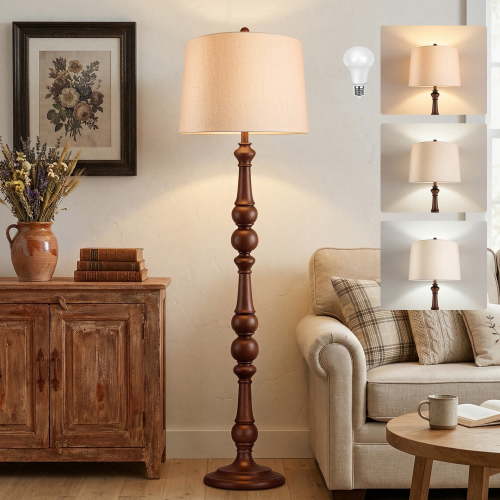 64” Vintage Spindle Floor Lamp for Living Room, Mid-Century Tall Standing Lamp with Drum Linen Shade for Bedroom, Office(Bulb Included)