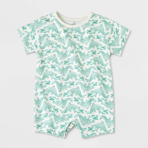 Baby Boys' Printed Romper - Cat & Jack™ Cream 3-6M: Cotton Blend, Lightweight Knit, Tagless, Crotch Snap, Short Sleeve