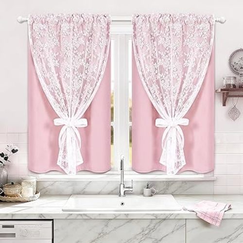 Yinhua Pink Kitchen Curtains 36 Inch Length Double Layer Blackout Cafe Curtains with Floral Sheer Overlay Rod Pocket Short Curtain for Windows, Small Window Curtain for Bathroom, Living Room, 2 Panels