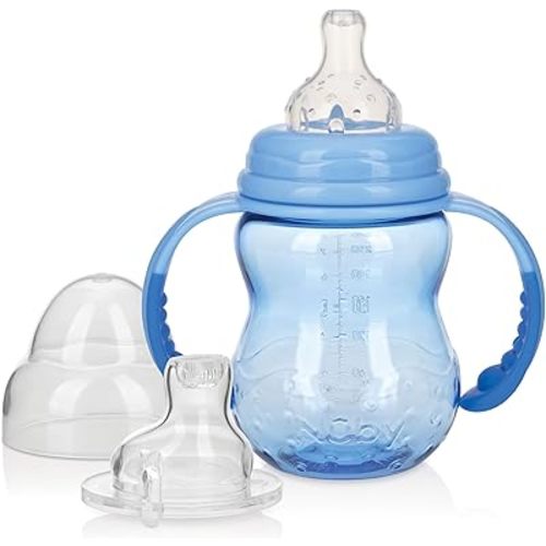 Nuby 3 in 1 Baby Bottle to Training Sippy Cup - 8 oz - Spill-Proof Toddler Sippy Cups with Easy Grip Handles - Dishwasher Safe - 3+ Months - Blue